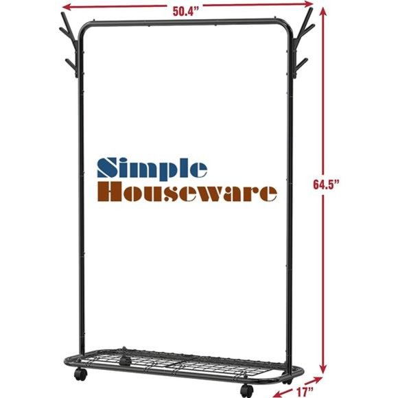 Simple Houseware Industrial Style Garment Rack With Wheels And Hooks, Black - Picture 6 of 6